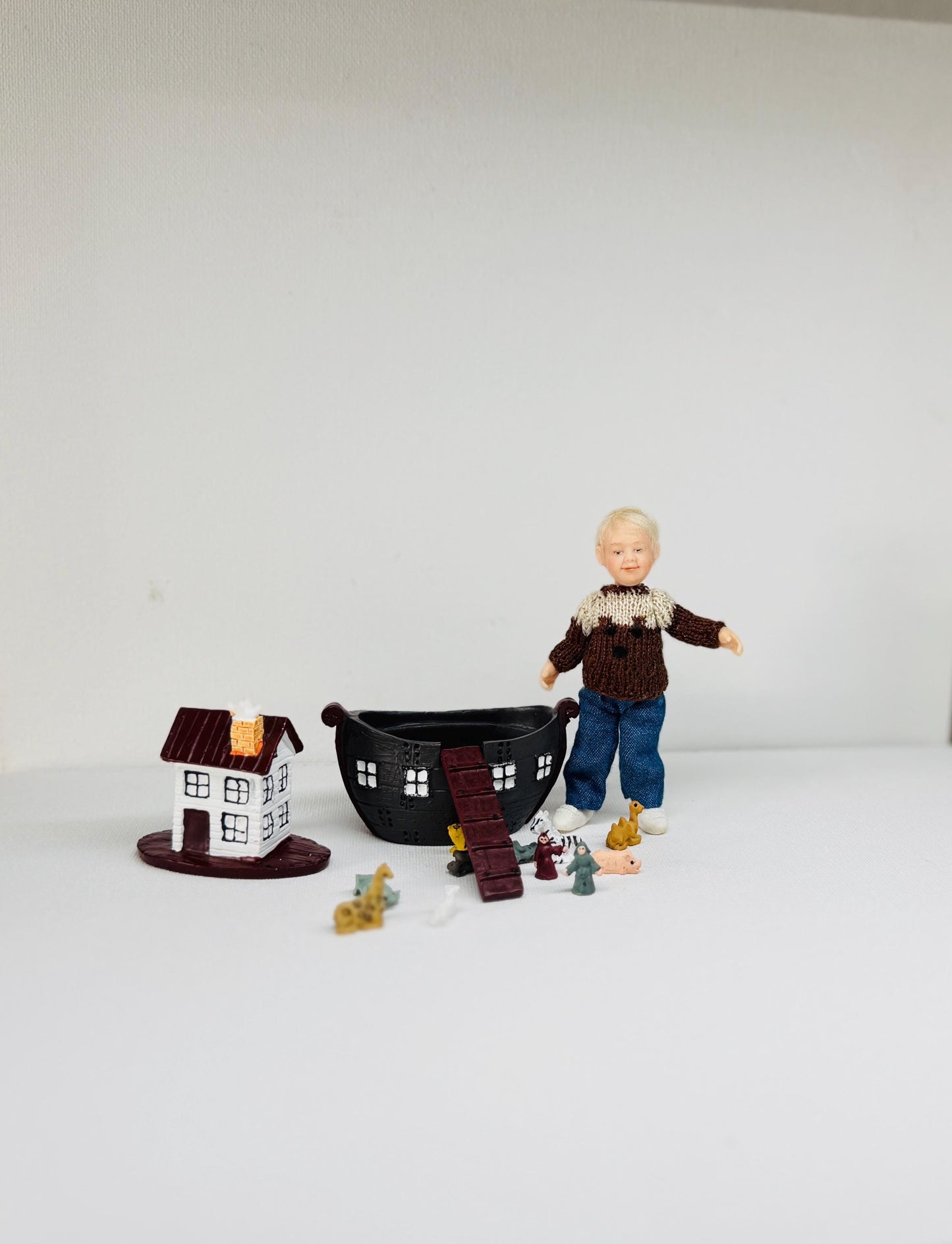 OOAK Miniature Boy with Noah's Ark & Animals – Hand-Sculpted Polymer Clay