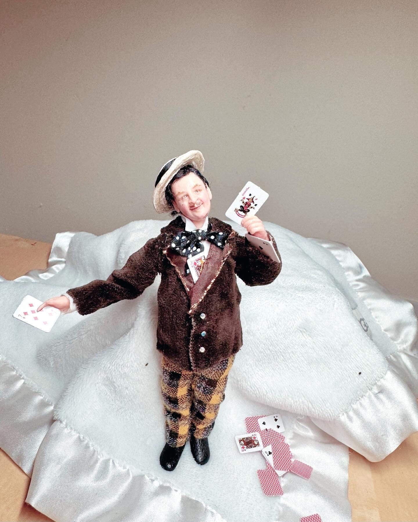 Miniature OOAK polymer clay hand sculpted male figure, card sharp, man, realistic 12th scale character doll by Lana Halla