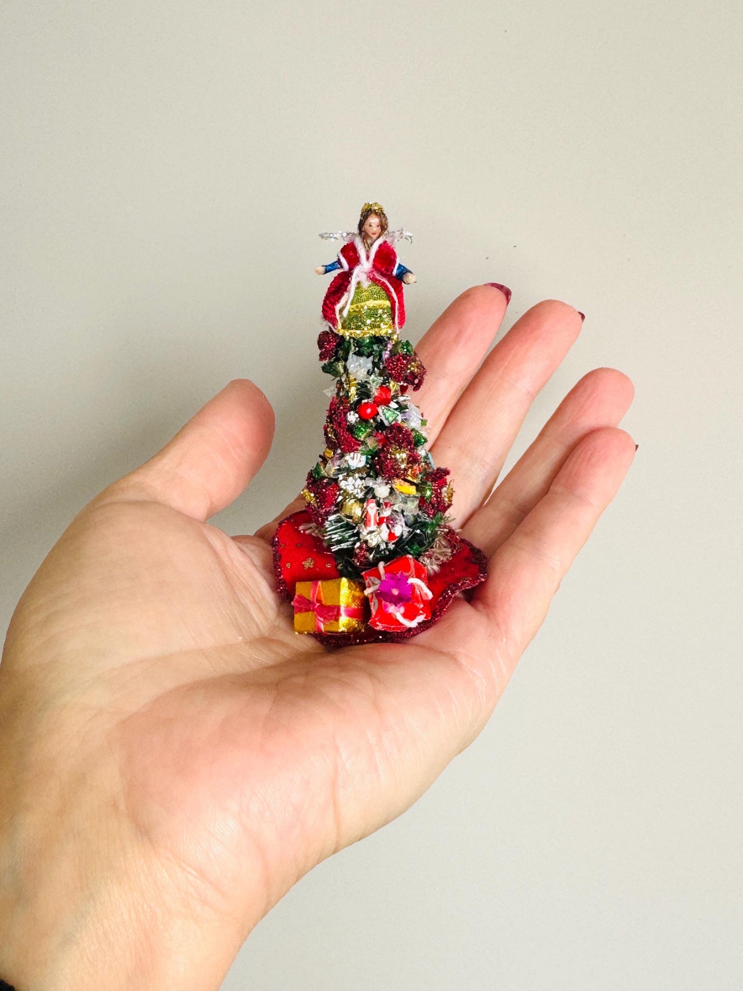 Handmade Miniature Christmas Tree with Polymer Clay Angel – Holiday Home Decor, Dollhouse Decoration, Unique Christmas Gift