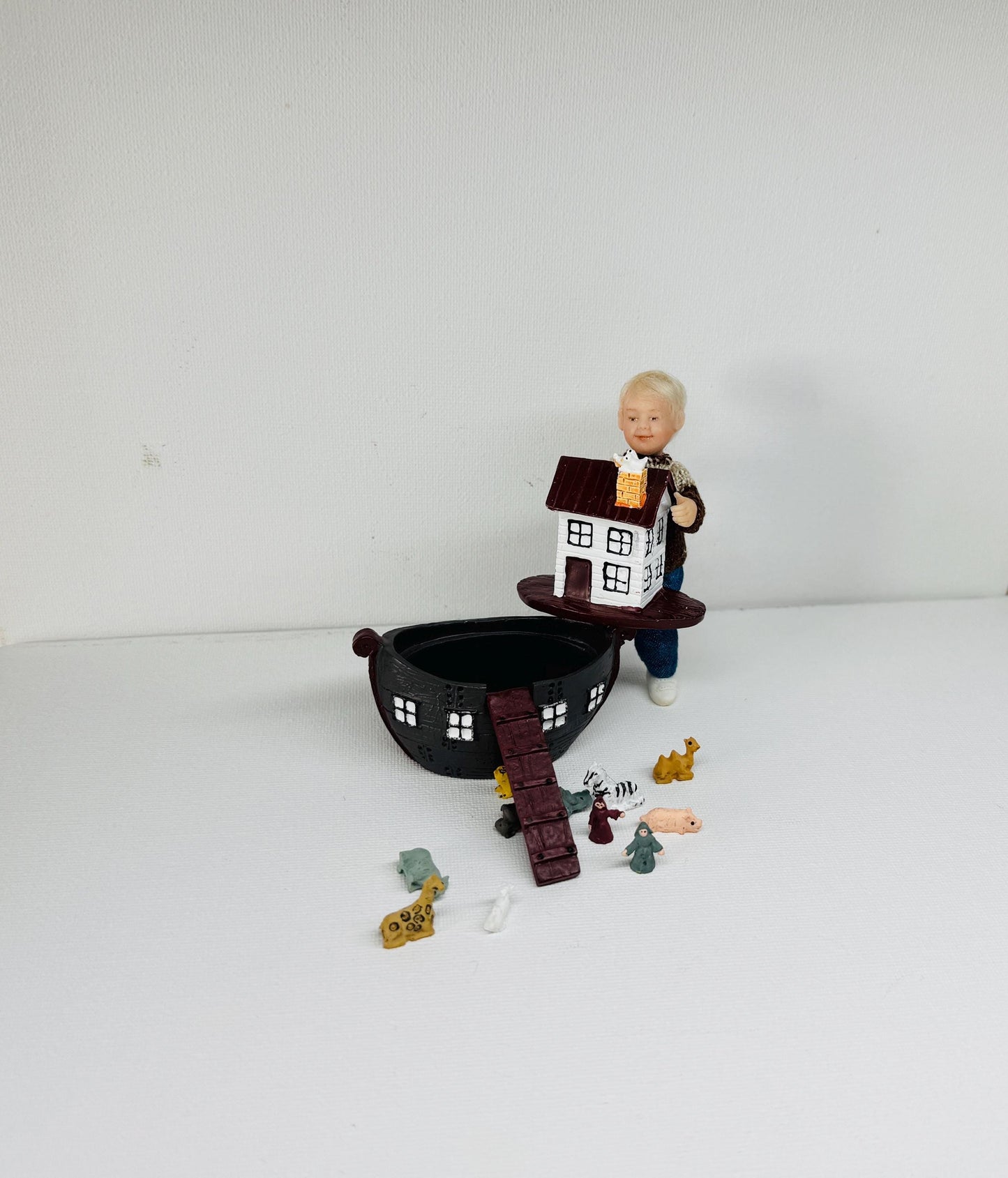 OOAK Miniature Boy with Noah's Ark & Animals – Hand-Sculpted Polymer Clay