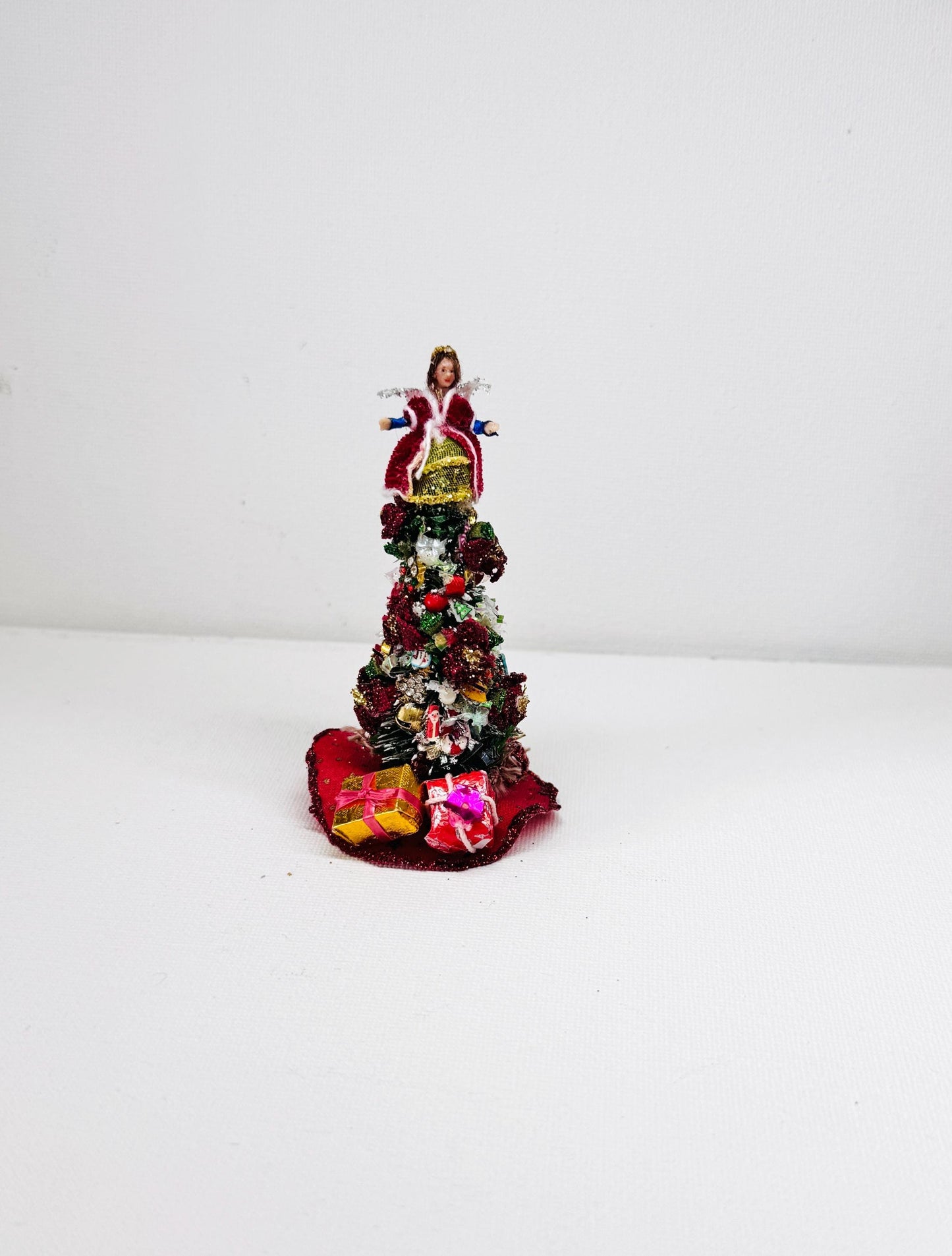 Handmade Miniature Christmas Tree with Polymer Clay Angel – Holiday Home Decor, Dollhouse Decoration, Unique Christmas Gift