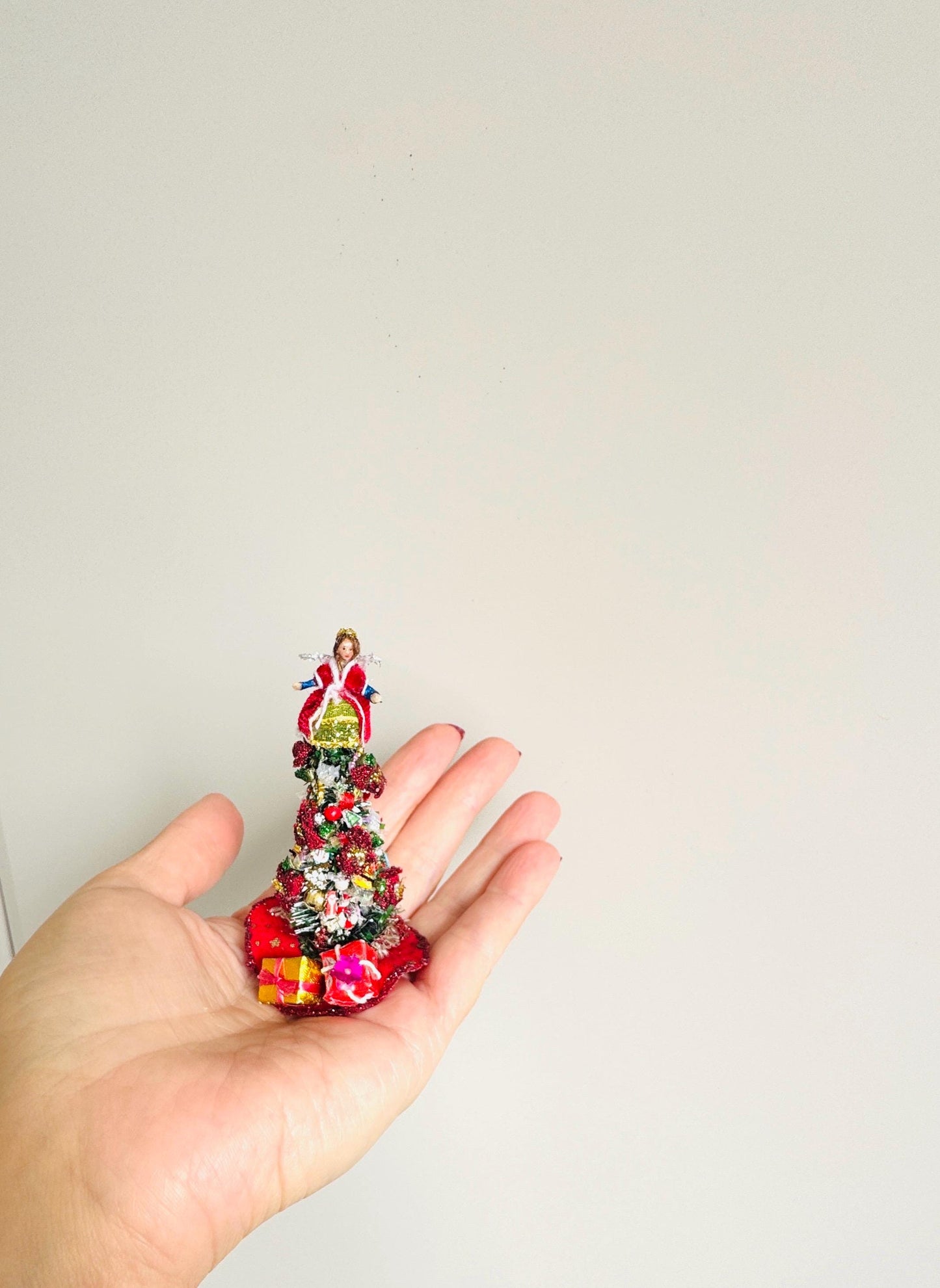 Handmade Miniature Christmas Tree with Polymer Clay Angel – Holiday Home Decor, Dollhouse Decoration, Unique Christmas Gift
