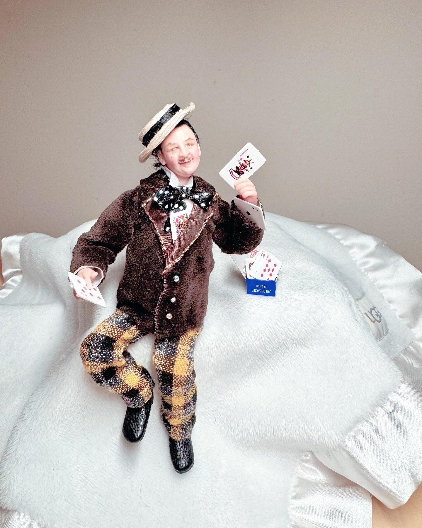 Miniature OOAK polymer clay hand sculpted male figure, card sharp, man, realistic 12th scale character doll by Lana Halla