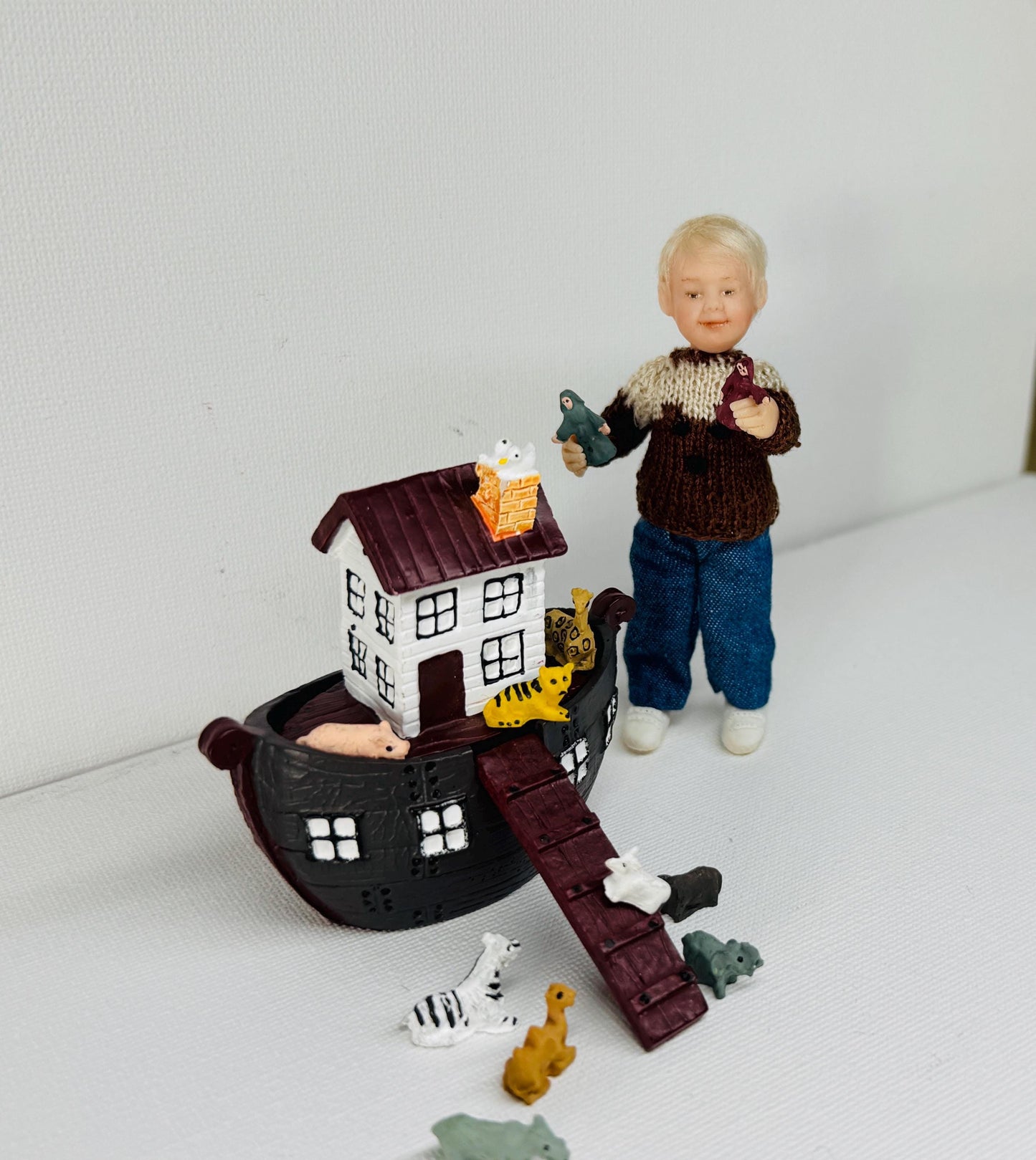 OOAK Miniature Boy with Noah's Ark & Animals – Hand-Sculpted Polymer Clay