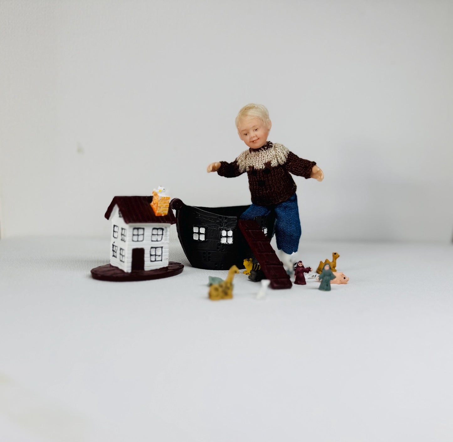OOAK Miniature Boy with Noah's Ark & Animals – Hand-Sculpted Polymer Clay
