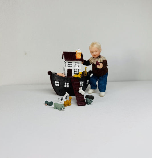 OOAK Miniature Boy with Noah's Ark & Animals – Hand-Sculpted Polymer Clay