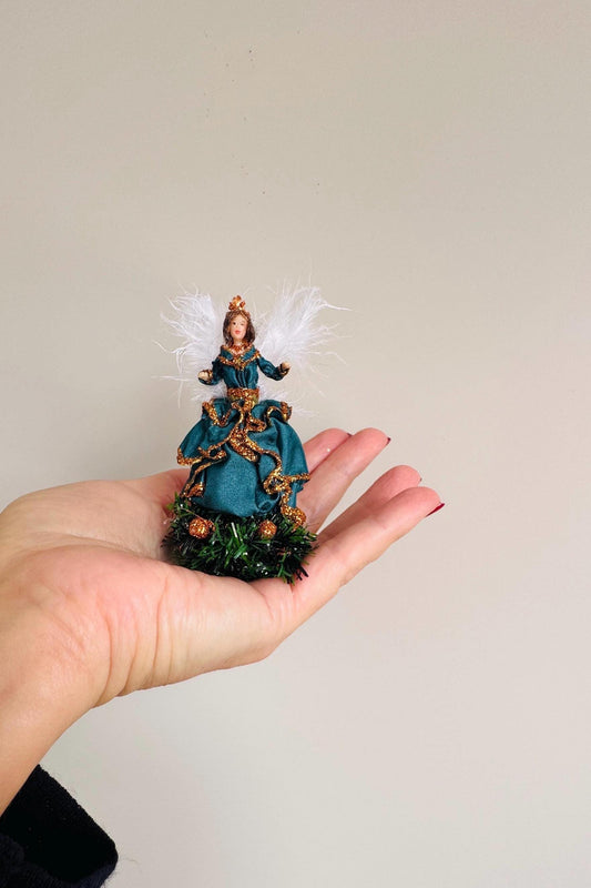 Handmade Christmas Angel Figurine in Teal and Gold – Miniature Holiday Decoration, Dollhouse Angel, Unique Christmas Gift 12,24 scale